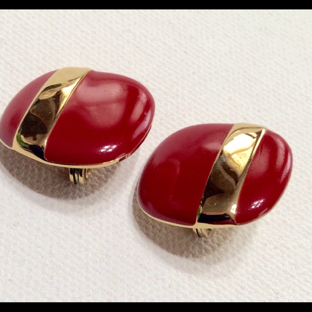 Elegant Red 80's Clip Earrings Red Enamel Monet